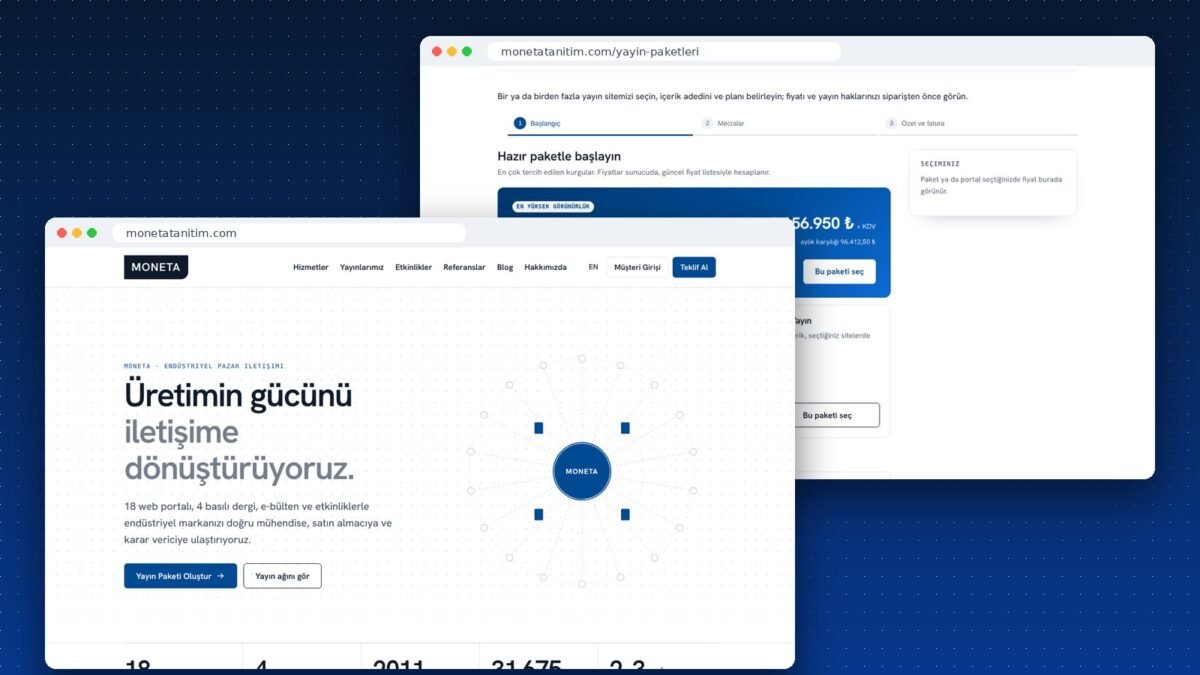 MONETA yeni kurumsal web sitesi ve yayın paketi sihirbazı ekran görüntüsü
